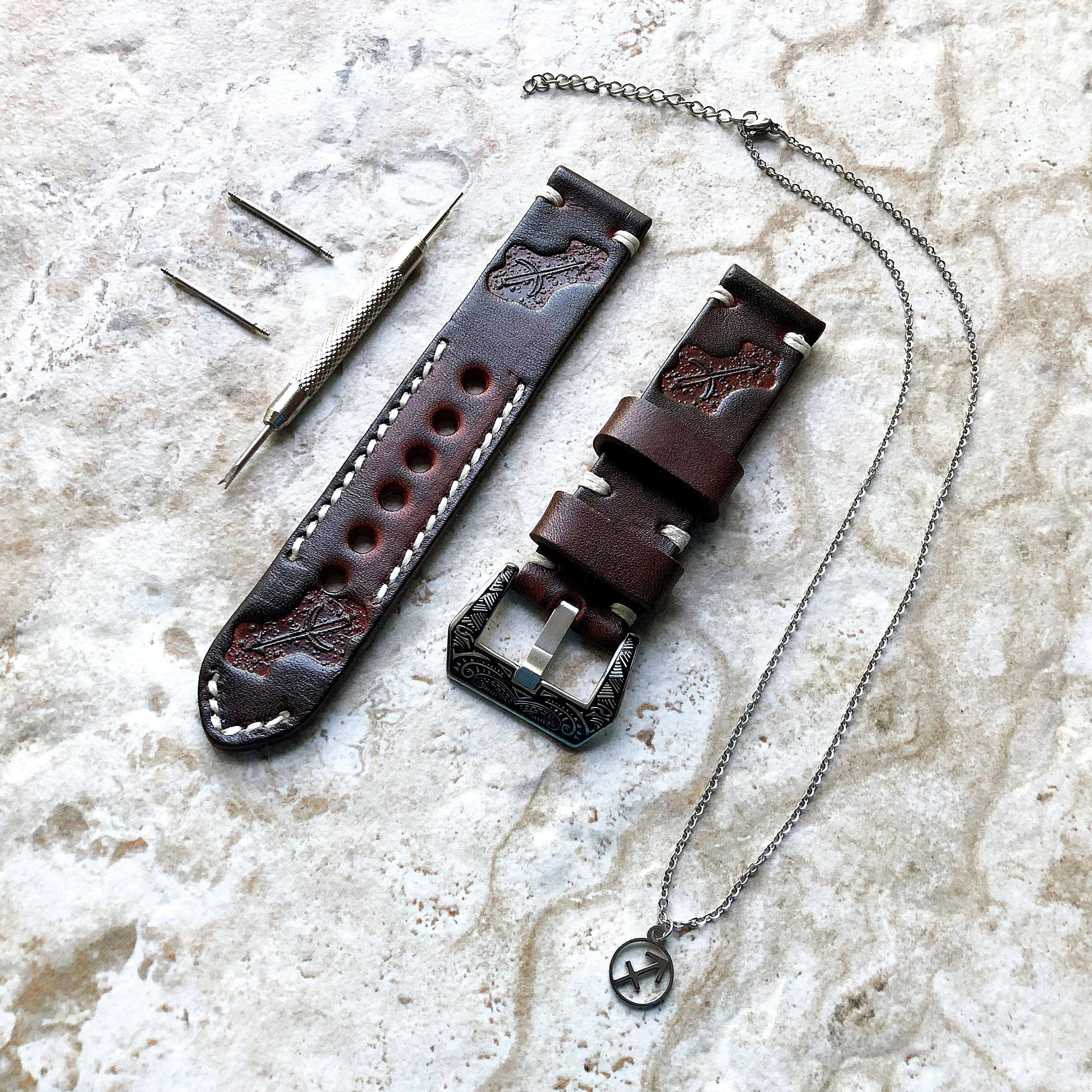 Sagittarius Zodiac Band 22mm 24mm 25mm Genuine Brown Leather Tooled Embossed Strap Bracelet Kit for Watches and 25" Pendants Necklace